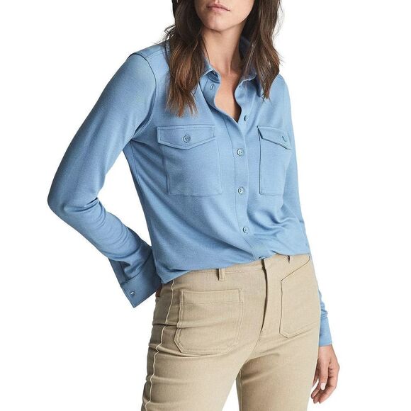 Reiss SASHA Light Blue Long Sleeve Cotton Jersey Over Shirt 2 Pockets size S - Picture 8 of 8